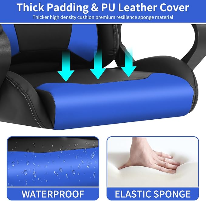 BLKMTY Gaming Chair Video Game Ergonomic Office Racing Computer PU Leather Chair - High Back Executive Task with Lumbar Support Headrest Swivel Chairs Blue