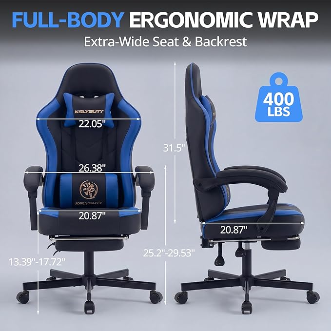Desk Computer Gaming Chair - High Back Ergonomic Office Chair with Footrest and Lumbar Support Swivel Comfy Home Gamer Video Game Chairs with Pocket Spring Cushion for Adults (Blue Leather)