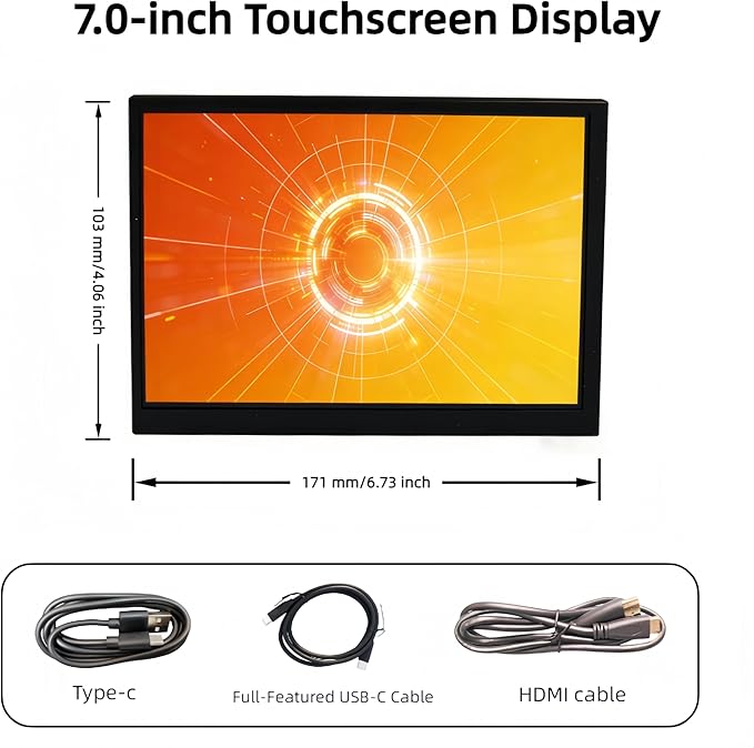 7-inch IPS Touchscreen Bar Display 1024x600 Metal Shell Type-C/HDMI. for Raspberry Pi Laptop Aida64 GPU/CPU Monitoring PC Case Screen. (P70D-T)