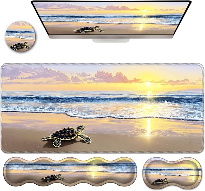 Ergonomic Keyboard Wrist Rest &amp Mouse Pad Wrist Rest SetXL Gaming Desk Mat 31.5x 11.8Non-Slip BaseMemory FoamEasy Typing Pain Relief for Office &amp HomeSea Turtle on Beach Sunset