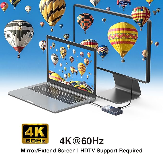 USB C Hub 6 in 1 Smart Docking Station with Screen HDTV 4K@60Hz 100W PD Fast Charging USB-C/A 5Gbps 3.0 Date Ports Travel-Friendly for Dell HP MacBook Air/Pro iPad Surface Samsung Galaxy and More.