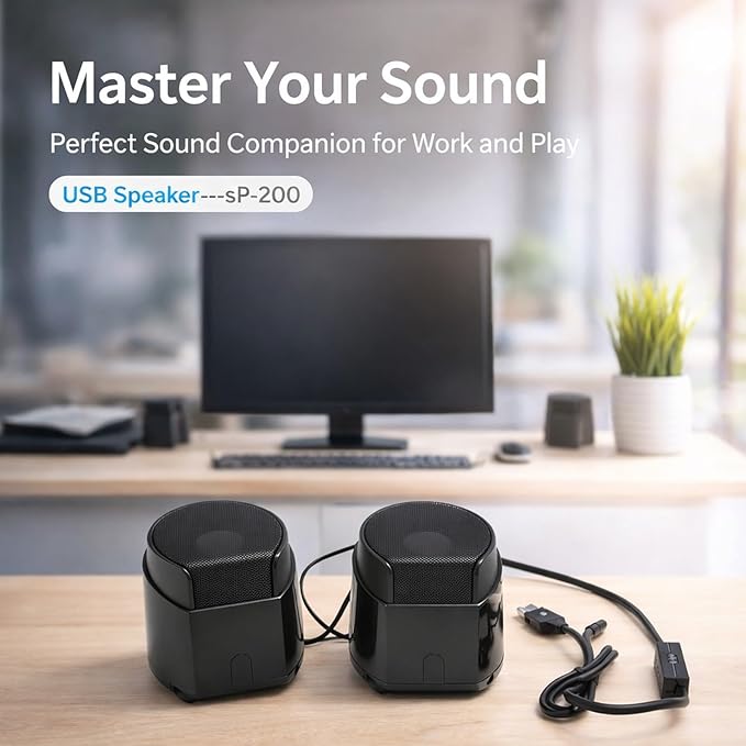 D2 USB Powered Stereo Speakers Wired Portable Multimedia Speakers for Computer and Phone 3W x2 Black - Clear Stereo Surround Sound Easy Volume Control Desktop Use for Home