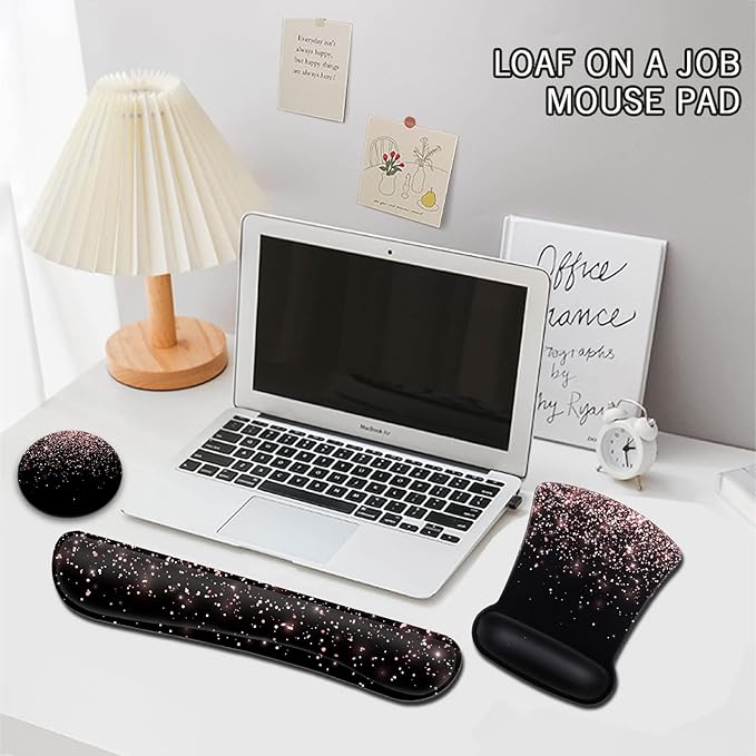 Ergonomic Gel Mouse Pad with Wrist Support Memory Foam Keyboard Wrist Rest Non-Slip PU Base for Home Office Working Studying Easy Typing &amp Pain Relief Rose Gold Glitter Black Mousepad