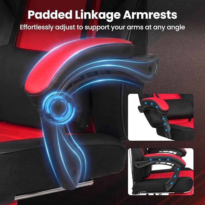 Giantex Gaming Chair Ergonomic Video Game Chair w/Footrest Lumbar Support Headrest Reclining Backrest &amp Linkage Armrests Height Adjustable 360° Swivel Computer Desk Chair for Home Office (Red