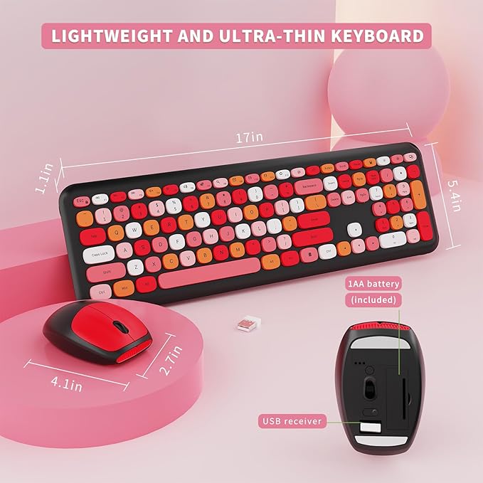 Wireless Keyboard and Mouse Combo Colorful Ergonomic Full Size Retro Low-Noise Keyboard with Cute keycaps Compatible with Windows PC Perfer for Home and Office Keyboards (Black)