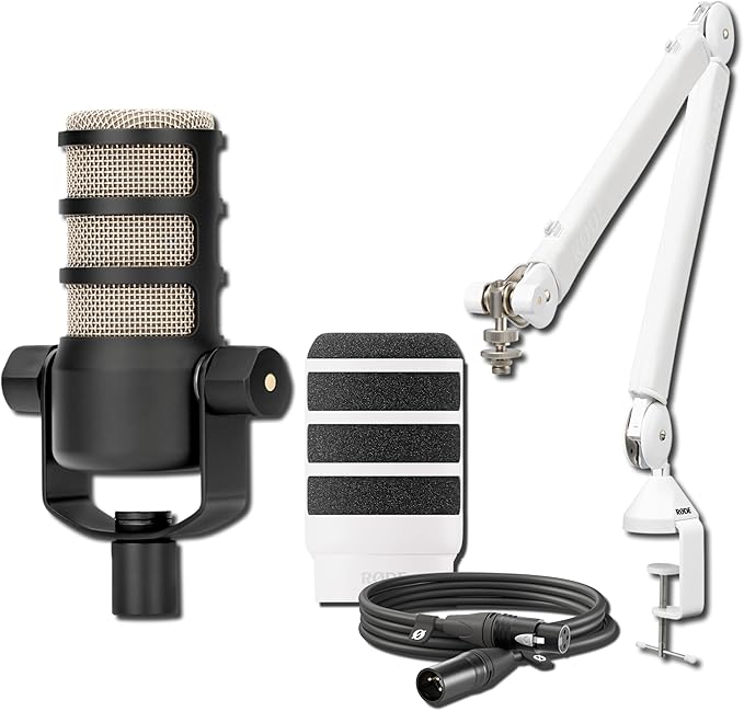 Rode PodMic Dynamic Broadcast Microphone with White PSA1+ Microphone Boom Arm White WS14 Pop Filter and Premium XLR Cable