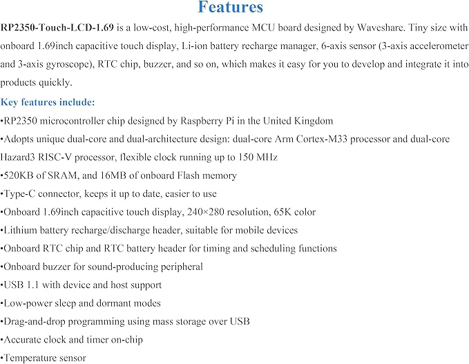 RP2350 1.69inch Touch LCD Development Board RP2350 Microcontroller with 1.69inch Touch Screen 240x280 Resolution Rounded Corners Dual-Core &amp Dual-Architecture Design 16MB Flash USB Type-C Port