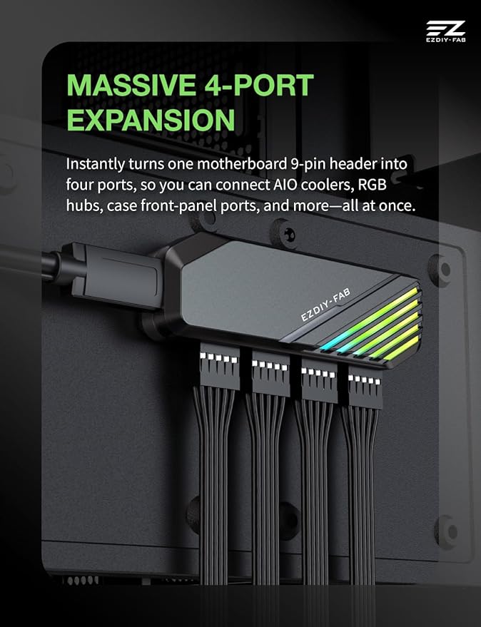 EZDIY-FAB MH01 Internal USB 2.0 9-Pin Hub4-Port USB Header Expansion SATA Powered USB Hub with Integrated Type-C Power &amp Data Connection Magnetic Mount Compact Design for AIO RGB Hub-Black