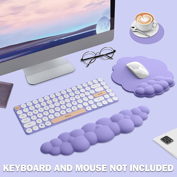 Cloud Keyboard Wrist Rest and Mouse Pad with Wrist Support Set Ergonomic PU Leather Mousepad Pain Relief Memory Foam Non-Slip for ComputerLaptopLavender Purple