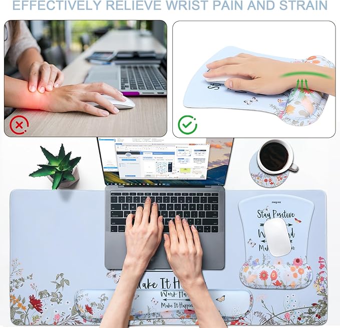 MEGREZ 4-in-1 Ergonomic Memory Foam Wrist Rest Set Desk Pad Mouse Pad with Wrist Rest Keyboard Pad Suitable for Office Workers Programmers &amp Gamers–Relieve Typing &amp Gaming Fatigue Light