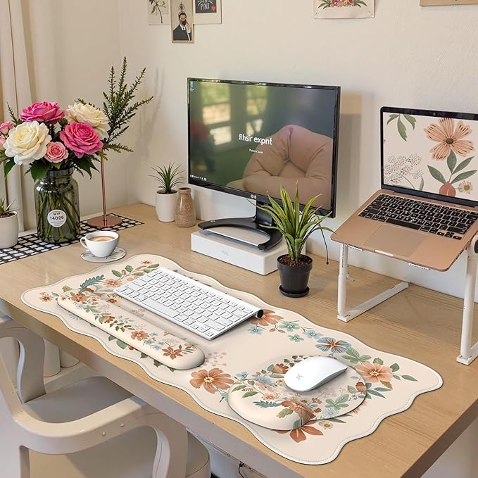 iLeadon Floral Mouse Pad Sets with Wrist SupportCute Ergonomic Keyboard Mat for DesktopExtra Large Big Desk Pad Mouse Mat+Cup Coaster with Non-Slip Base for Women Home Office
