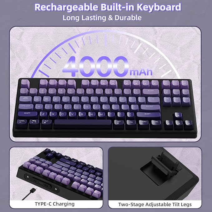 ZIYOU LANG M87 75% Wireless Gaming Keyboard Mechanical Feel Silent Rainbow Backlit Bluetooth/2.4Ghz PBT Gradient Keycaps Rechargeable 4000mAH Battery Ergonomic for MAC/Win/PC-Purple