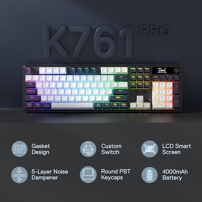 Redragon K761 Wireless Gasket Gaming Keyboard w/Hype Screen &amp Knob 104 Keys Mechanical Keyboard Easy-Control 1.26’ TFT Info Display 5-Layer Noise Dampening Custom Linear Switch Abyssal Blue