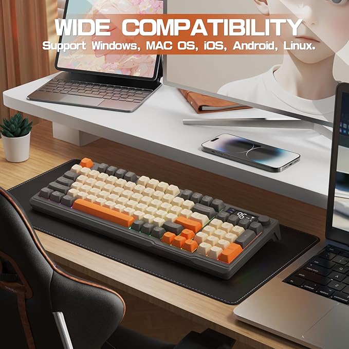 LexonElec M96 Wireless Gaming KeyboardKnob Control Bluetooth/2.4G Wireless Mechanical Feeling KeyboardRGB LED Backlit with Display Screen PBT Keycap3000mAh 94-Key Layout for Win/Mac (Shimmer)