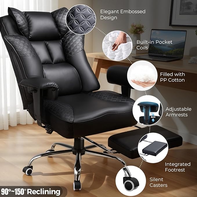 GTPLAYER Big and Tall Office Chair 400LBS Wide Ergonomic Gaming Chair with Deluxe Embossing Designed Leather with Foot Rest150°Reclining Adjustable Soft Armrests Pocket Spring Back Support and Pillow