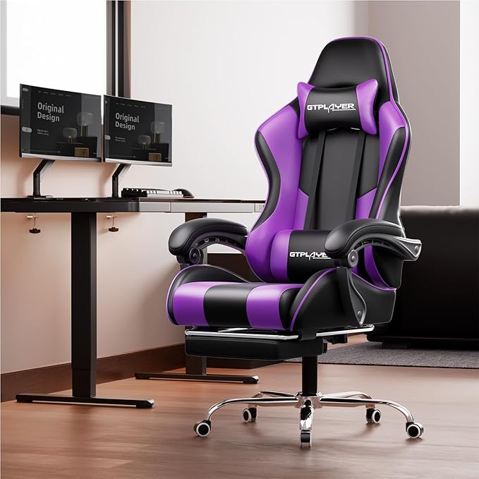 GTPLAYER Gaming Chair Computer Chair with Footrest and Lumbar Support Height Adjustable Game Chair with 360°-Swivel Seat and Headrest and for Office or Gaming (Faux Leather Purple)