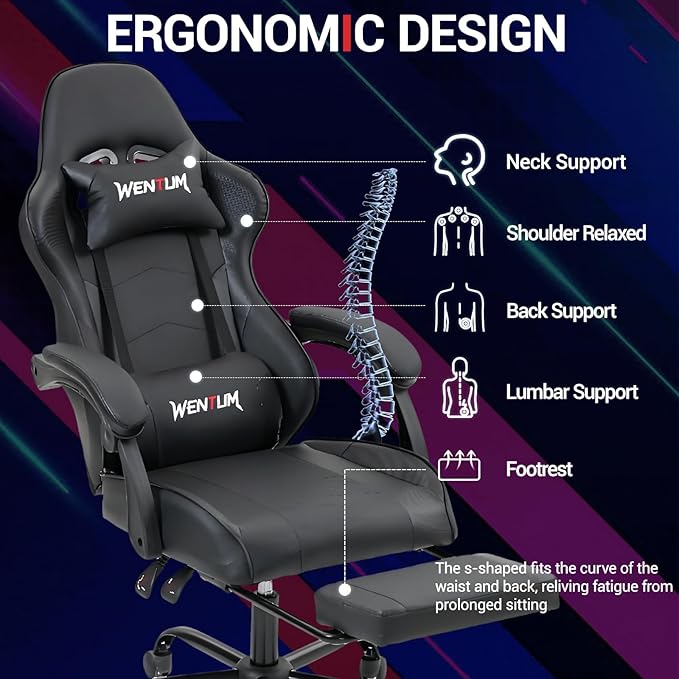 Gaming Chair with Footrest for Adults - PU Leather Massage Racing Video Game Chair w/Lumbar Support for Men Women Ernogomic Computer Game Chair for Home Office Height Adjustable Black