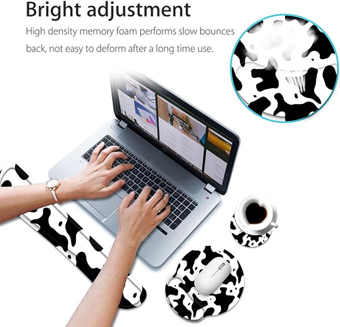 Keyboard Wrist Rest and Mouse Pad Wrist Support Set with CoasterErgonomic Mouse PadComfortable for Easy Typing Pain ReliefMemory Foam Keyboard Pad Set for Laptop MacCow Print