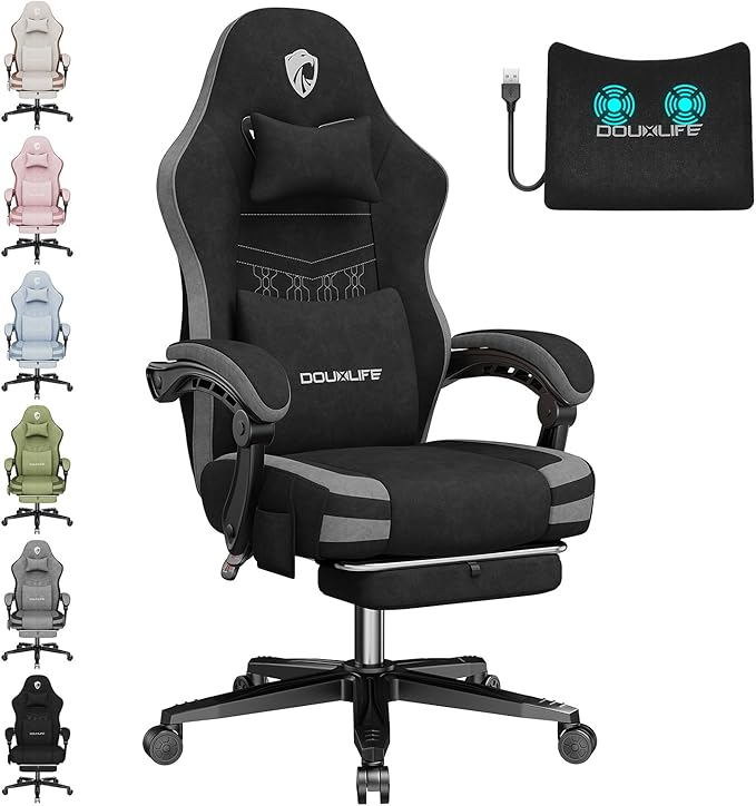 Gaming Chair Fabric Computer Office Chair with Massage Ergonomic Chair with Footrest Lumbar Support Pocket Spring Widened Cushion Metal Legs 350LBS Dark Gray