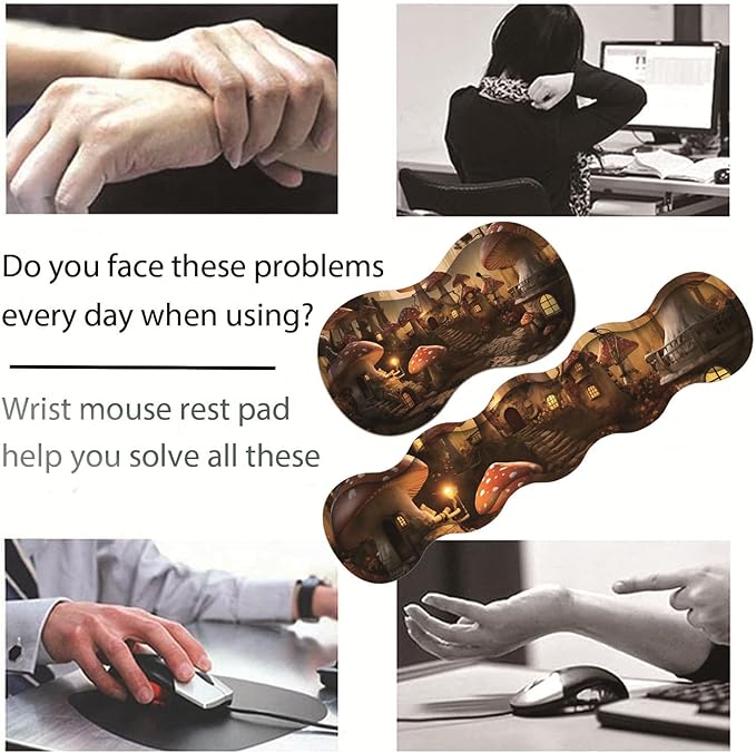 Large Gaming Table Pad 31.5 x 11.8 + Keyboard Wrist Pad + Mouse Wrist Pad + Coaster Non-Slip Base 4-in-1 Set Ergonomic Memory Foam Easy Typing Pain Relief Enchanting Mushroom Houses