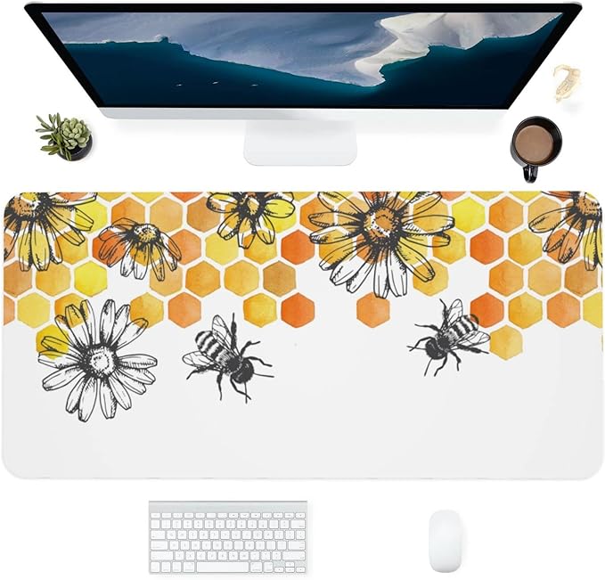 Bee Sunflowe Large Mouse Pad Gaming Mousepad with Wrist Support Rubber Computer Keyboard Mat for Desk Laptop Non-Slip Full Deskmat Protector Waterproof Writing Pad Office Home 16x35.5 in