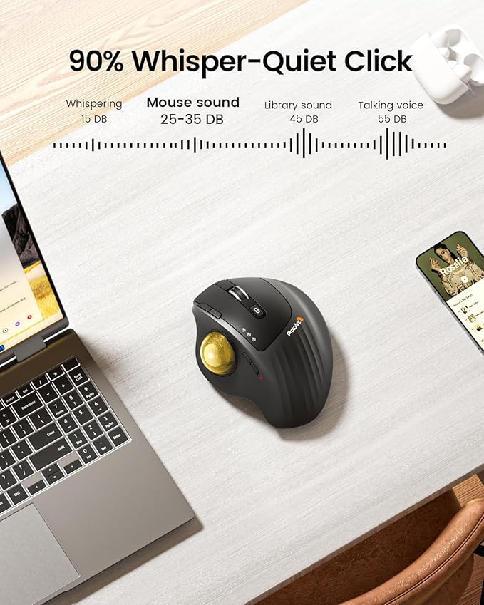 ProtoArc Wireless Trackball Mouse EM01 NL Ergonomic Bluetooth Rollerball Thumb Rechargeable Computer Laptop Mouse Adjustable Angle &amp 3 Device Connection for PC Mac Windows-Gold Ball