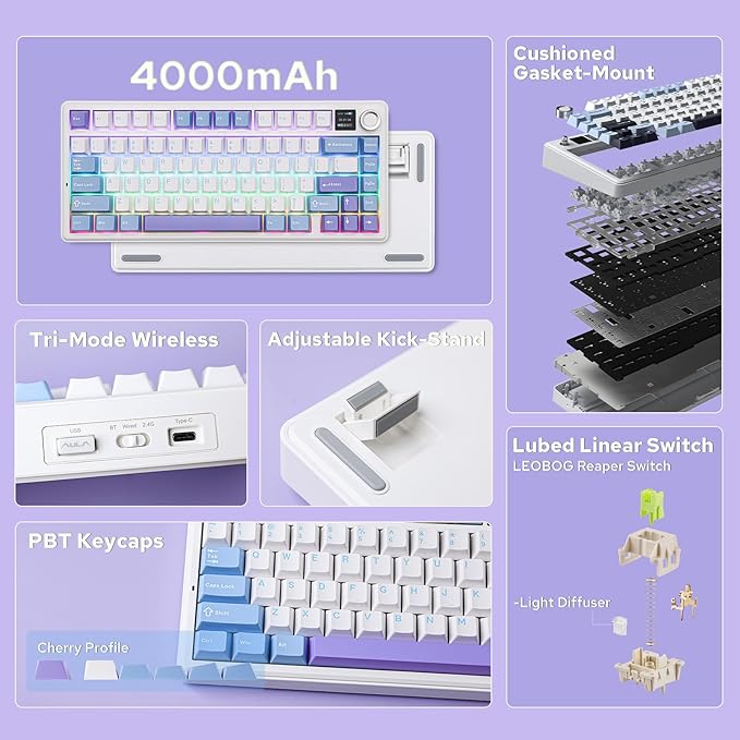 EPOMAKER X Aula F75 MAX Wireless Mechanical Keyboard with TFT Screen and Knob Gasket Gaming Keyboard in 75% Layout Hot Swappable RGB Backlight for PC/Mac/Linux (Blue&ampWhite&ampPurple)