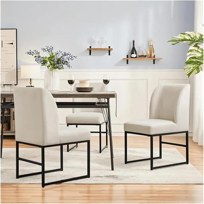 Adjustable Office Computer Chair with Armrest 1pcs Modern Style Beige Upholstered Fabric Comfortable Indoor Dining Chairs Black Leg Color