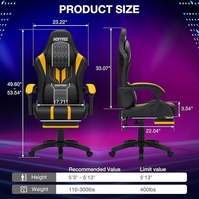 HOFFREE LED Gaming Chair with Speakers and Massage Video Game Chair Big and Tall with Footrest Gamer Chair for 400lbs Computer Desk Chair Yellow and Black Yellow+black HOGC-MAX303