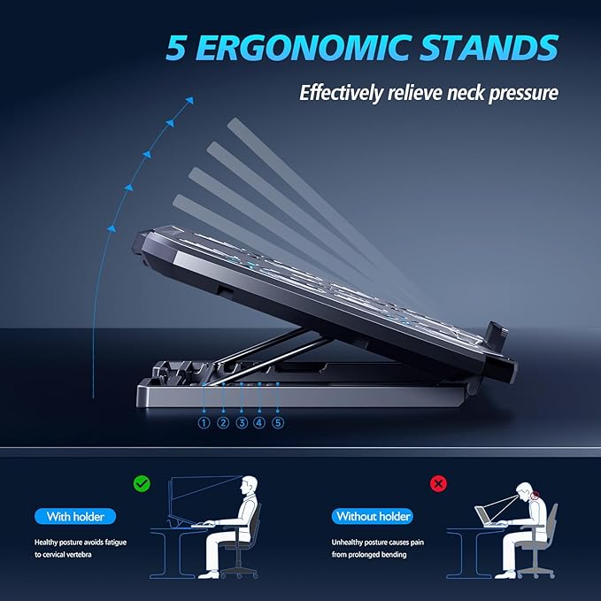 Laptop Cooling PadLaptop Fan Cooler with 5 Quiet Fans for 12-15.6 InchLaptop Cooling Stand with 5 Height Adjustable2 USB Ports Phone Stand (Black &amp Silver)