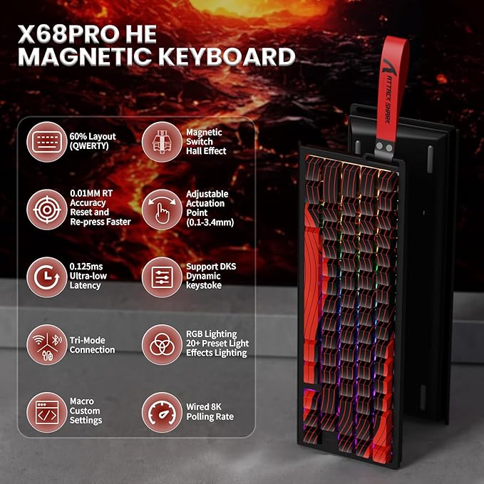 MAMBASNAKE Attack Shark X68PRO HE Rapid Trigger Wireless Keyboard 0.01mm RT Accuracy 8000Hz Wired Gaming Keyboard Adjustable Actuation Snap Tap RGB Backlit Magnetic Switch C01 Coiled Cable -Red