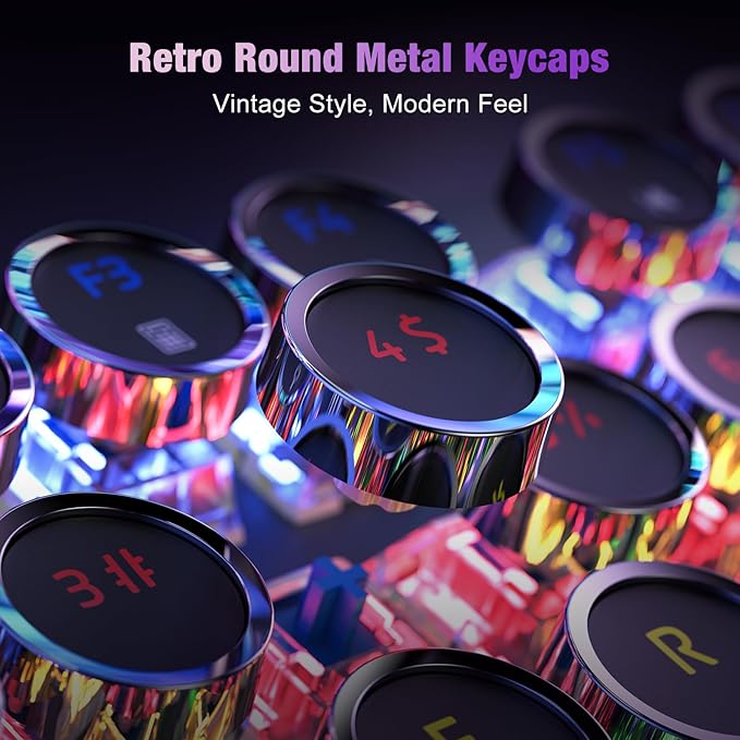 RisoPhy Typewriter Style Mechanical Gaming Keyboard Metal Panel Retro Punk Round Keycaps Clicky Blue Switch Rainbow LED Backlit 104 Keys Wired Keyboard Round Keycaps for PC Laptop Mac Gamer