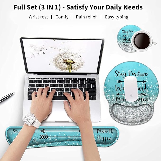 Keyboard Wrist Rest and Mouse Pad with Wrist Support Ergonomic Mouse Pad CoasterEasy Typing Pain ReliefKeyboard Mousepad SetStay Positive Work Hard and Make It Happen Blue Glitter