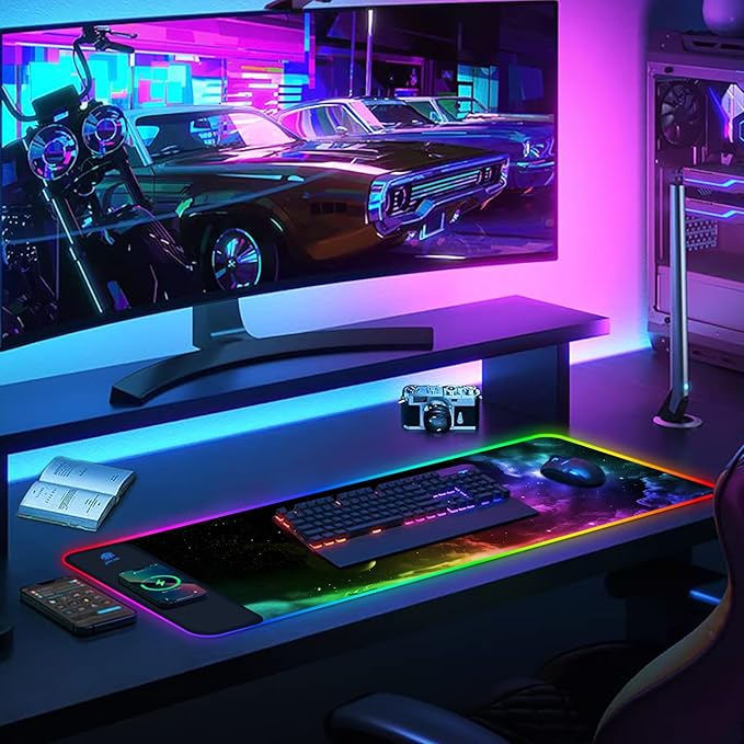AIMSA Wireless Charging RGB Gaming Mouse Pad 15W Extended LED Desk Mat Protector 800x300x4MM 14 Light Modes Extra Large Mousepad Non-Slip Rubber Base Desk Mat Nebula Universe