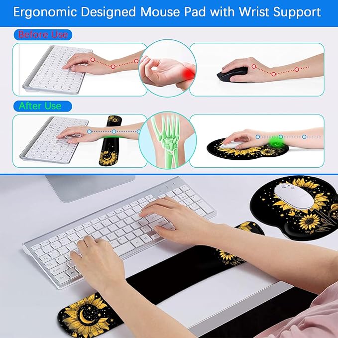 Mouse Pad Wrist Support and Keyboard Wrist Rest Pad with CoasterNon-Slip Rubber Base Ergonomic Gaming Mousepad for Home Office Working Studying Easy Typing &amp Pain ReliefSunflower Moon Star