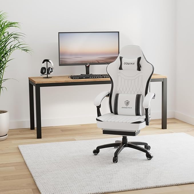 Dowinx Gaming Chair Breathable PU Leather Gamer Chair with Footrest Massage Lumbar Support Big and Tall Ergonomic Reclining Computer Chair with Pocket Spring Cushion for Adults Teens (Black&ampWhite
