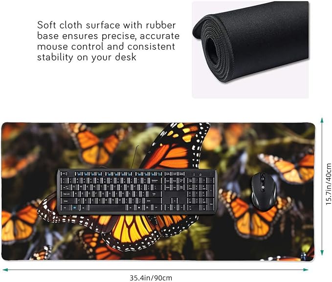 Gaming Mouse Pad Extended Full Keyboard Mat with Stitched Edges Anime Large Desk Pad with Non-Slip Base Heaps of Orange Monarch Butterflies Mouse Mat for Gaming and Office 16 x 35.5 inches Mousepad