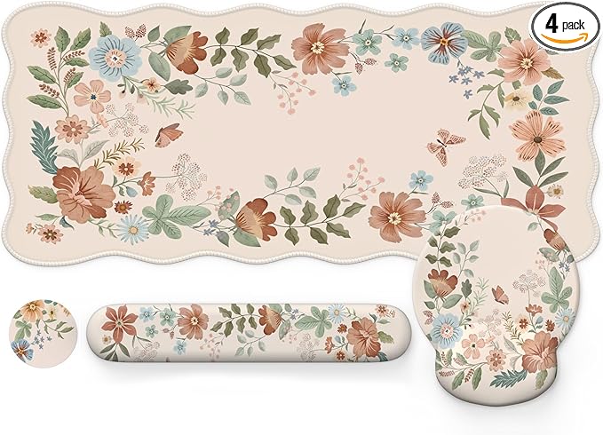 iLeadon Floral Mouse Pad Sets with Wrist SupportCute Ergonomic Keyboard Mat for DesktopExtra Large Big Desk Pad Mouse Mat+Cup Coaster with Non-Slip Base for Women Home Office