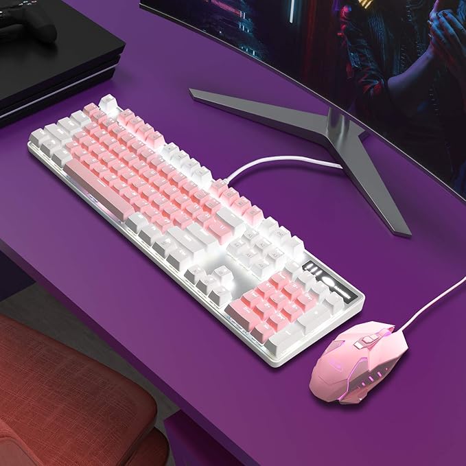 MageGee Mechanical Gaming Keyboard New Upgraded Blue Switch 104 Keys White Backlit Keyboards USB Wired Mechanical Computer Keyboard for Laptop Desktop PC Gamers(White &amp Pink)