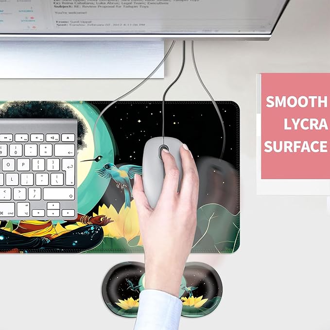 Mouse PadLarge Desk Mat Set 4in1 XL Mousepad + Keyboard Wrist Rest+Mouse Wrist Rest+Coaster with Ergonomic Desk Pad for Home Office Table Computer Cover -Woman on Lotus