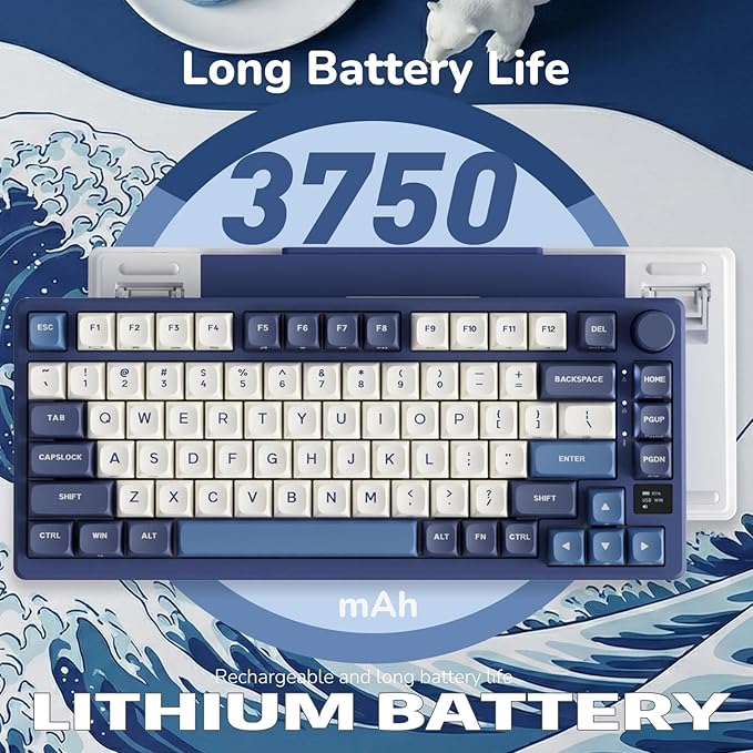 RK ROYAL KLUDGE M75 Wireless Mechanical Keyboard w/Screen and Volume Knob 2.4G/USB-C/BT Gasket Mounted 75% Gaming Keyboard with 81 Keys RGB Backlit Hot-Swap Creamy Switch Blue