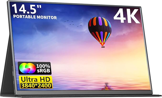 4K Portable Monitor 14.5 IPS Laptop Screen Slim Lightweight 1500:1 Dual USB C HDMI Gaming Display with Speakers Travel Monitor for PC Phone PS5/4 Xbox Switch
