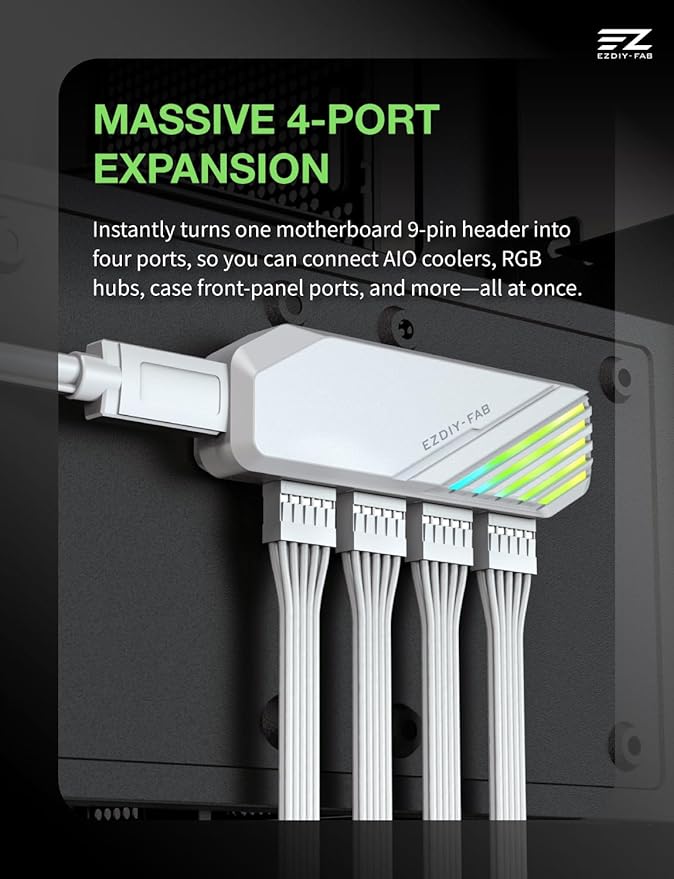 EZDIY-FAB MH01 Internal USB 2.0 9-Pin Hub4-Port USB Header Expansion SATA Powered USB Hub with Integrated Type-C Power &amp Data Connection Magnetic Mount Compact Design for AIO RGB Hub-White