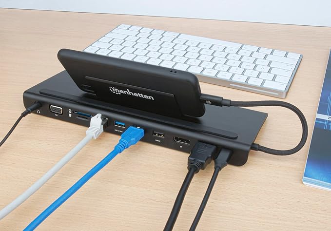 Manhattan USB-C 11 in 1 Docking Station -for 3 Display Monitors Connect &amp Charge Devices-USB C to 4K HDMI/DP 1080p VGA &amp 3 USB 100W PD Ethernet SD Card Reader 3.5 mm Aux –3 Yr Mfg Warran