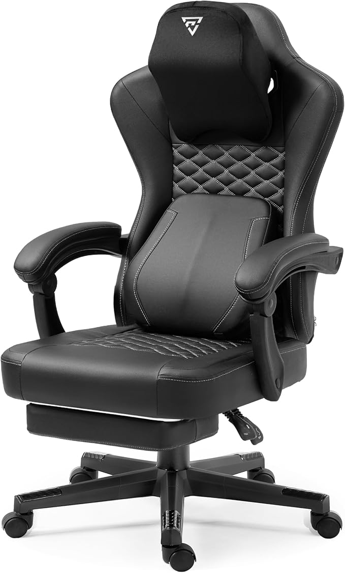 Gaming Chair with Footrest and Heating Massage Ergonomic Video Game Chair 360° Swivel Computer Office Chairs with Adjustable Height &amp Headrest &amp Lumbar Pillow 350 Lbs (Black)