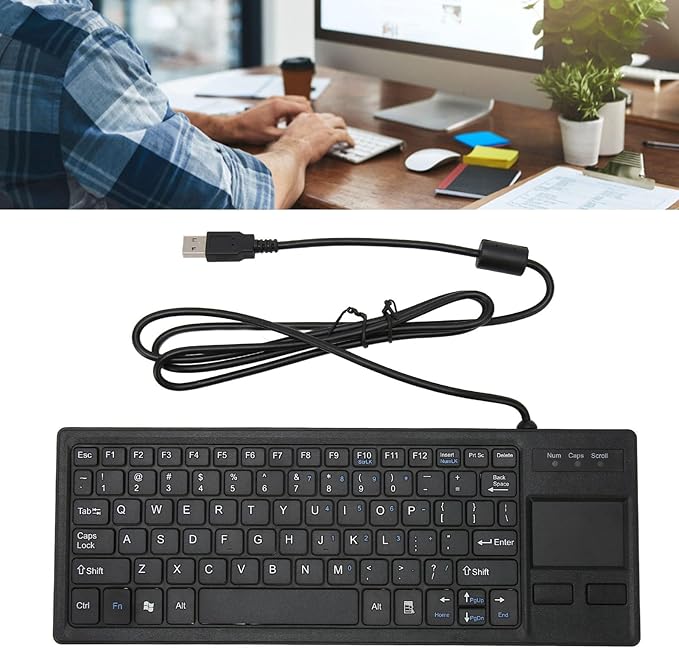 Wired Keyboard with Trackpad Ultra Thin Touch Keyboard with X Scissors Key Built in USB Hub Compact Mini Industrial Keypad for Food Service Marine Medical