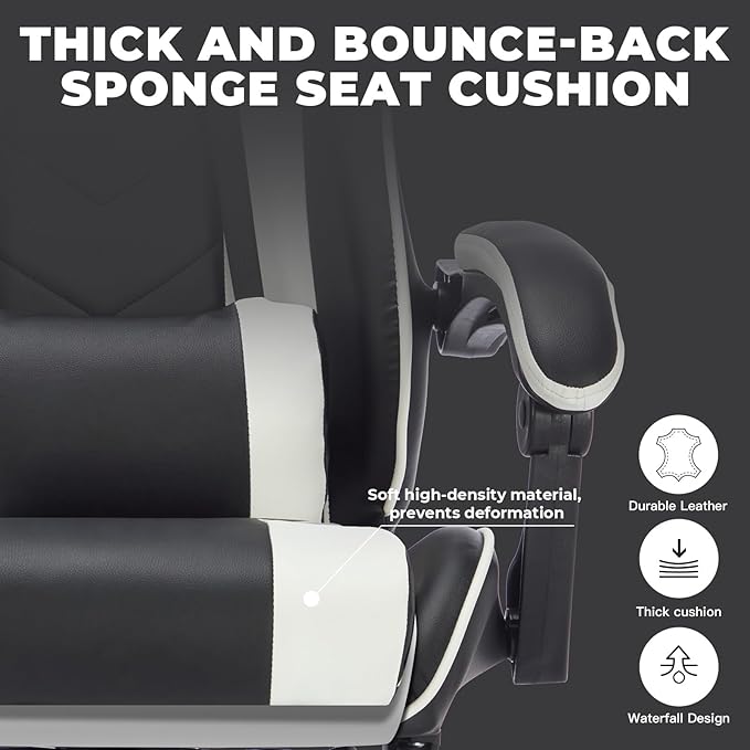 Ergonomic Gaming Chair with Footrest Black and White Gaming Chair for Adults Girls Women Video Game Chairs with Wheels &amp Lumbar Support 300 LBS Capacity (Black+White2)