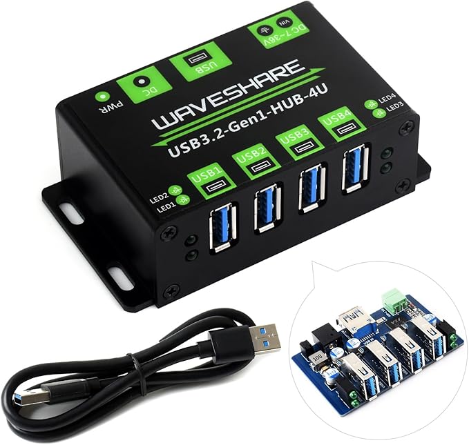 Waveshare 4-Ch USB 3.2 Gen1 HUB Compatible with Windows macOS Linux and Android Metal Case with Wall-Mount Support Driver-Free Plug-and-Play