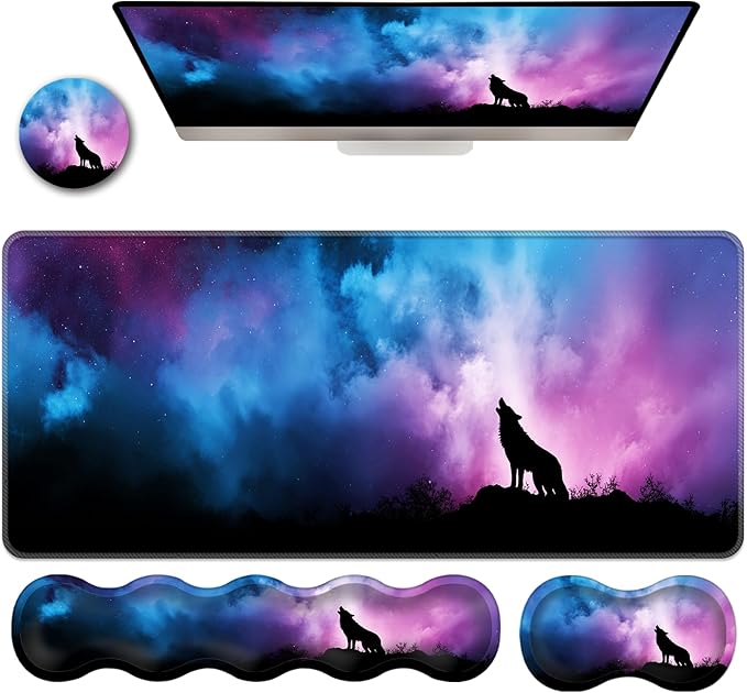 Ergonomic Keyboard Wrist Rest &amp Mouse Pad Wrist Rest SetXL Gaming Desk Mat 31.5x 11.8Non-Slip BaseMemory FoamEasy Typing Pain Relief for Office &amp HomeHowling Wolf Colorful Starry