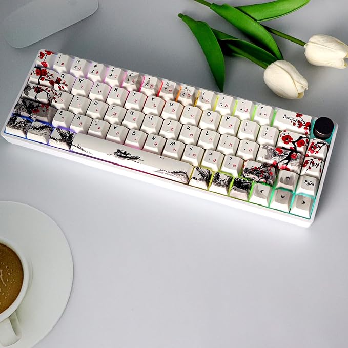 MOLGRIA GK68 68-Key RGB Backlit Gaming Keyboard with Plum Blossom Keycaps Hot Swappable Red Mechinery Switches Triple Mode Connection with Knob Mechanical Keyboard for Win/Mac OS